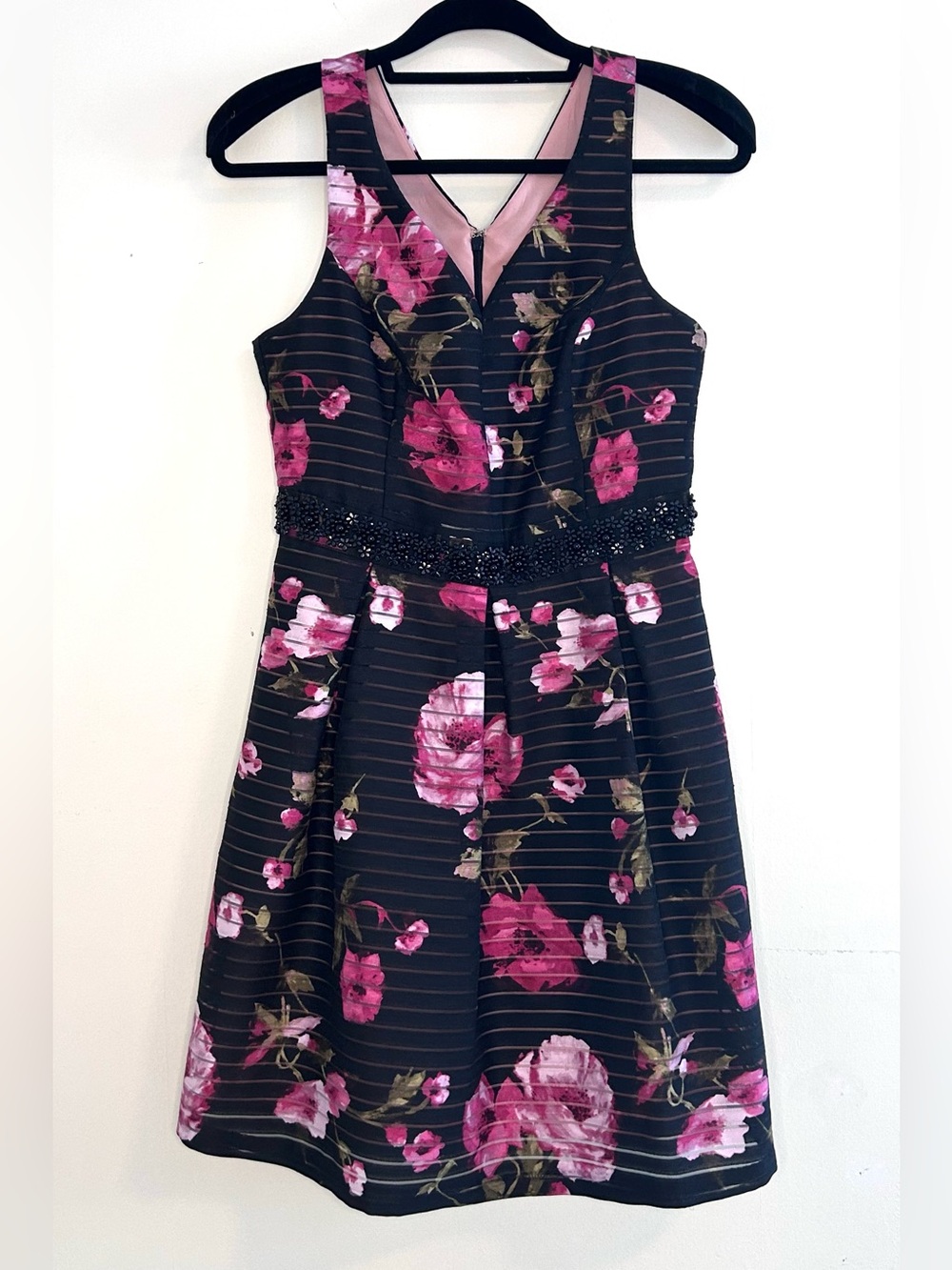 ADRIANNA PAPELL Floral Taffeta Fit and Flare Mini Dress Lined Black/Pink Size 6